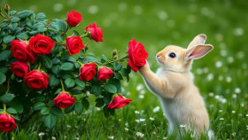 Cute Bunny eating Rose flowers